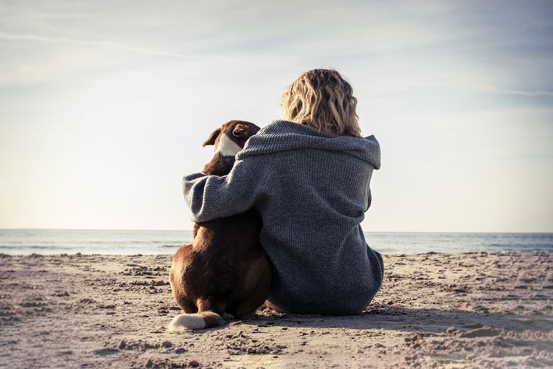 海辺で犬と寄り添う女性